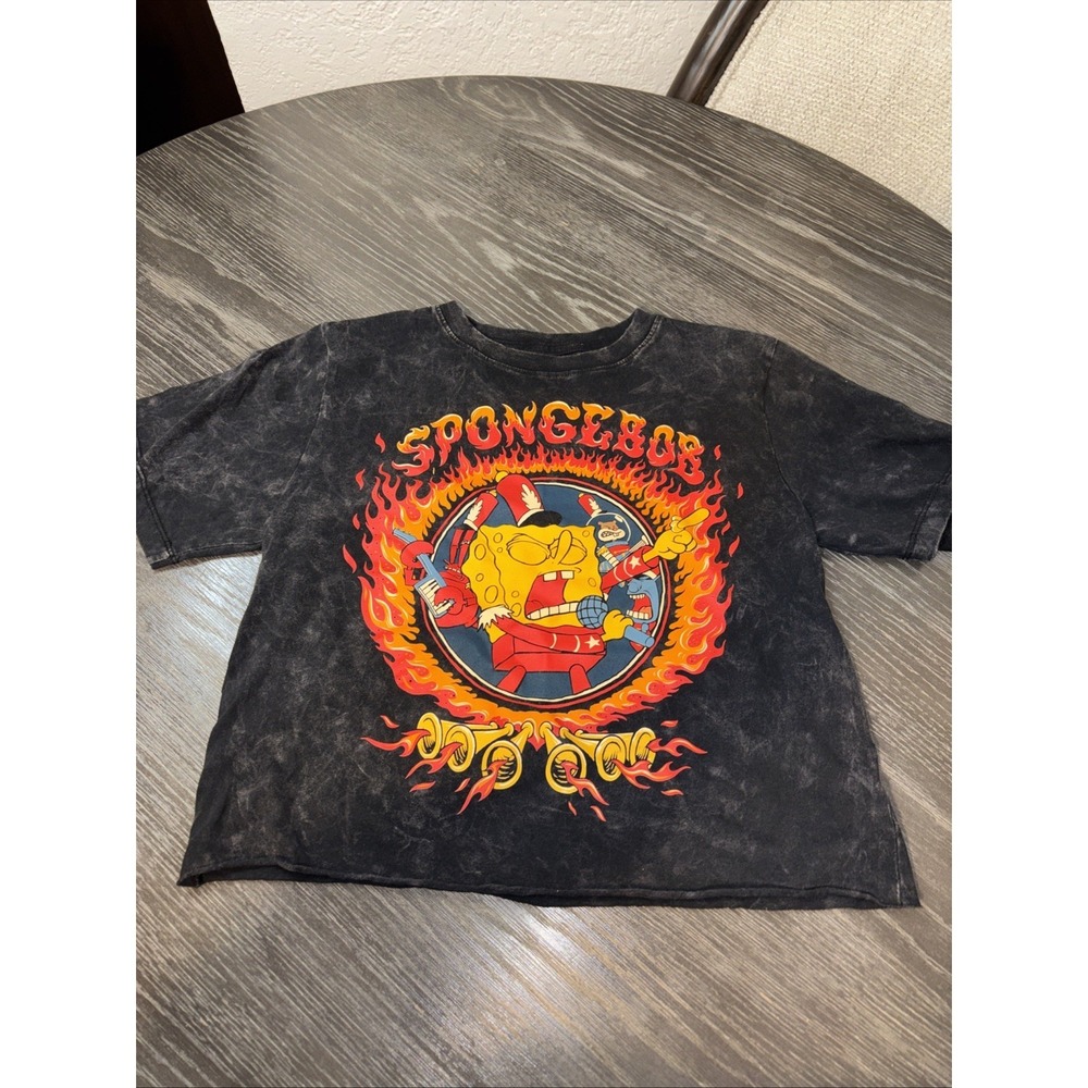 Nickelodeon SpongeBob Graphic Tee XS | Vintage Wash Flame Print T-Shirt
